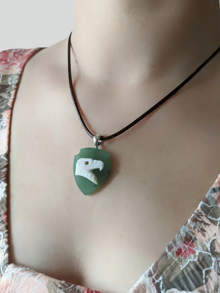 American Bald Eagle Cameo Pendant in White Agate on Jade Shield.