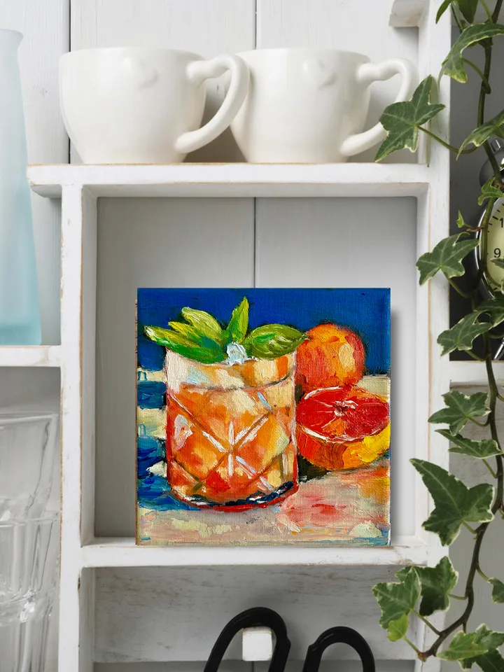 Lemonade cocktail Still Life Painting on Canvas Original Orange Juice Drink Wall Art Bar Cart Decor 6"x6"