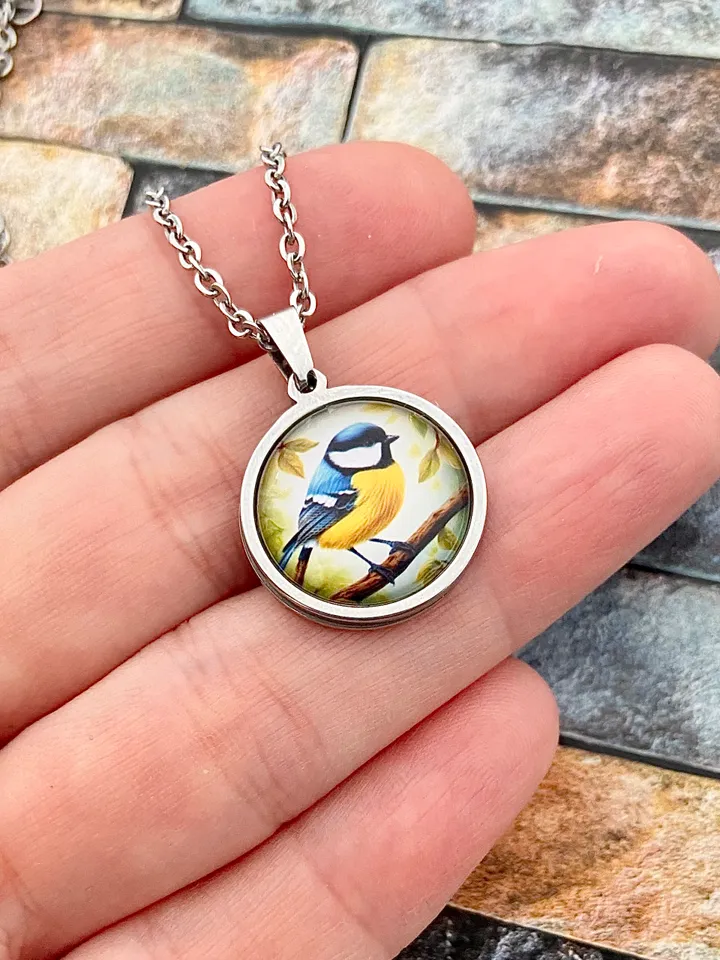 Titmouse bird, steel pendant with glass