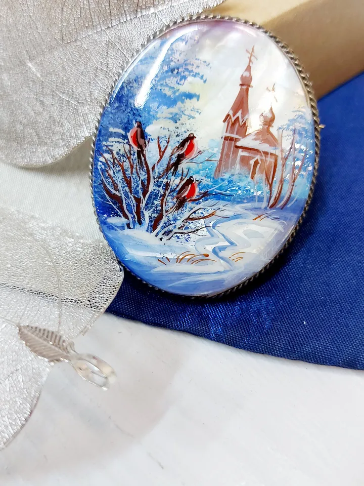 Brooches for women: Church and bullfinches in winter village on hand painted brooch • unique pearl lacquer pin • trendy brooch for dress