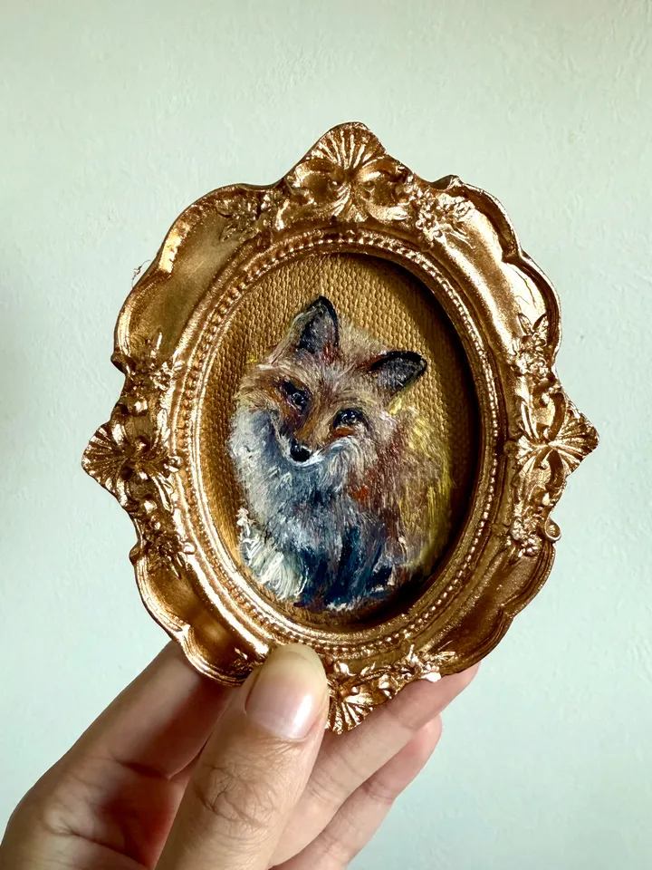 Framed Fox Oil Painting Original Wild Animals Art Cute Fox Painting Gold Frame Victorian Painting