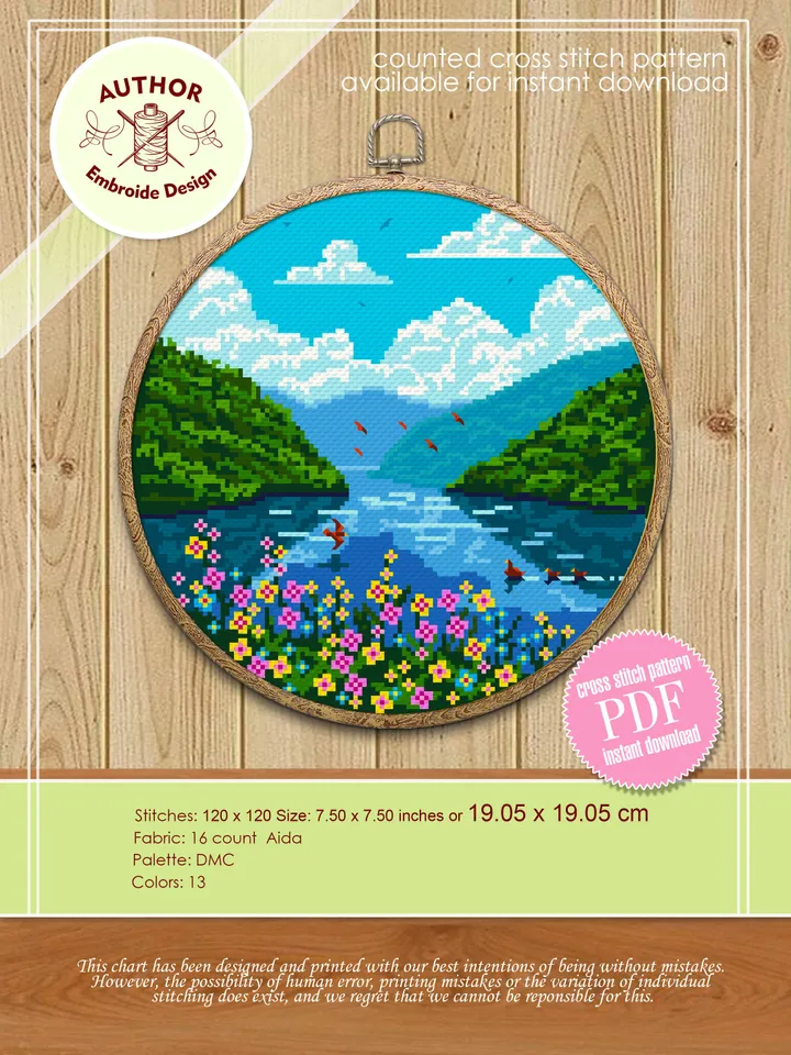 Nature cross stitch pattern download PDF Summer landscape cross stitch Flowers xstitch chart National park digital DIY Home decor nature #L8