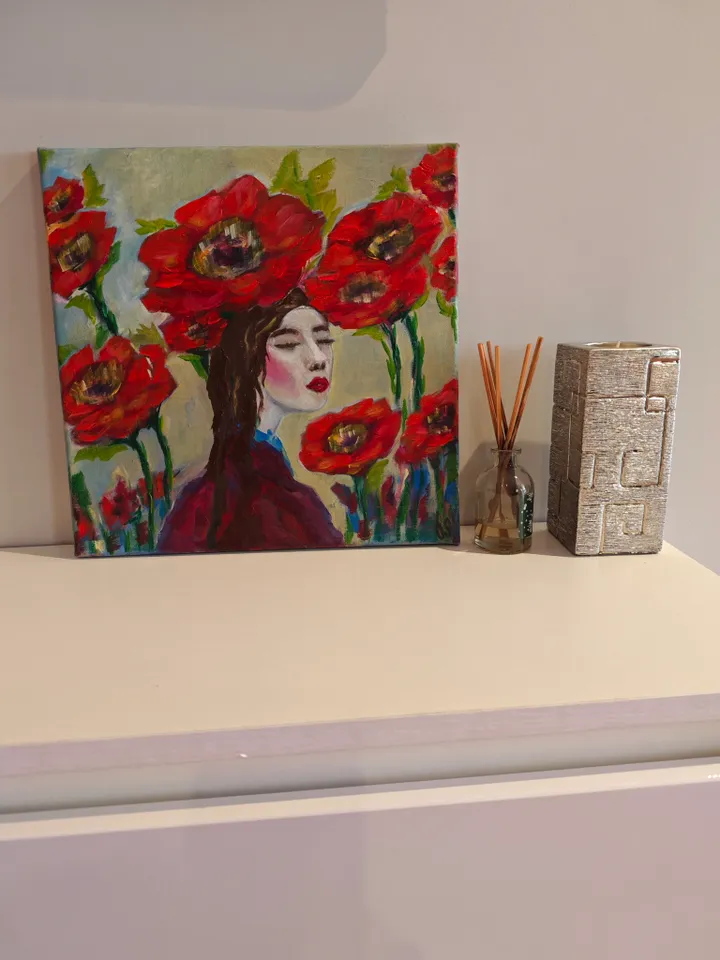 Red Flowers Original Painting Woman Portrait And Red Flowers Original Art Woman Head Floral Abstract Artwork Woman And Flowers Oil Painting Red Poppies And Chinese Woman Art 12 x 12 inches by OlgaSokolovaArt