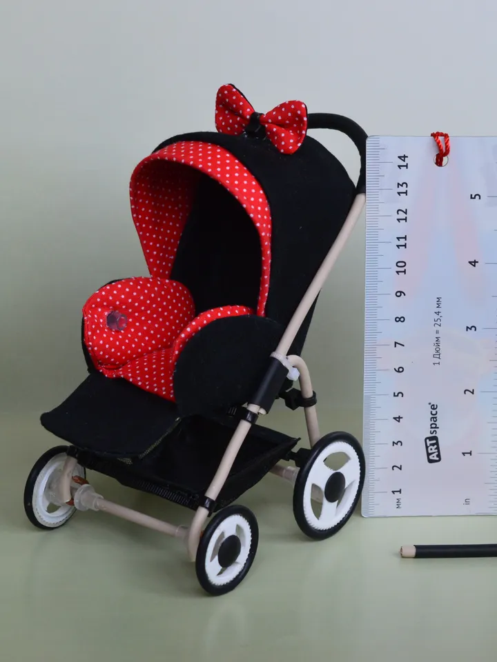 Miniature toy stroller for dolls in 1/6 scale. Accessories for small dolls and poupins. Pram for Barbie doll.