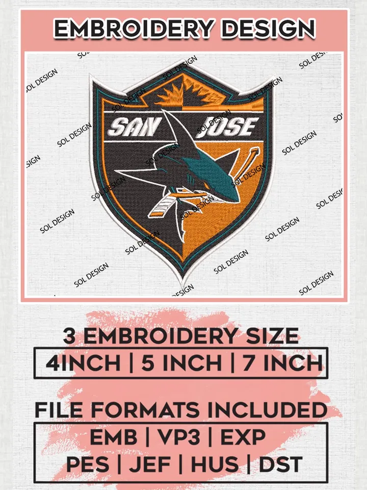 NHL San Jose Sharks Logo Embroidery Designs, NHL San Jose Sharks Team Logo Embroidery, Hockey Team Logo Emb Files, NHL Sharks Logo, Machine embroidery Files, Digital Download