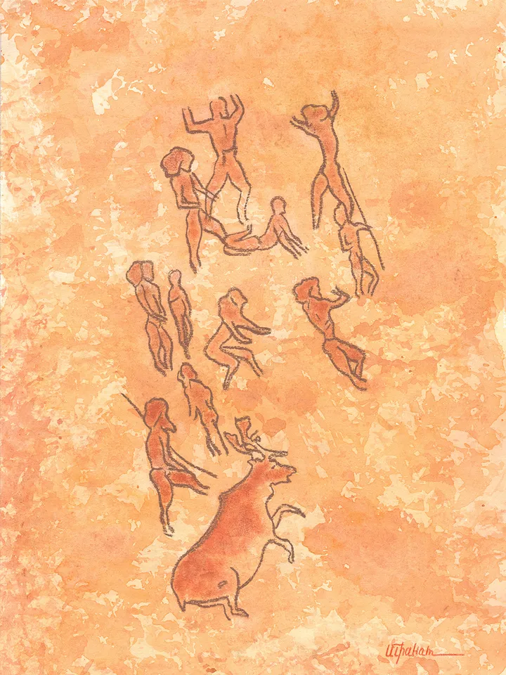 Boar hunting wall art | Original Pastel and Watercolor Artwork Ancient Cave Painting Style 30x40 cm | Hunters Prehistoric art | Handmade Artwork | Archers stylization of rock art | Drawings of a prehistoric man | Modular painting