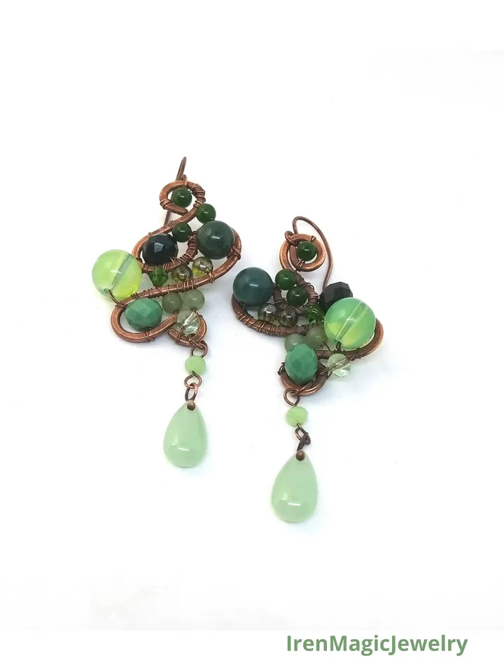 Green Asymmetrical Copper Earrings