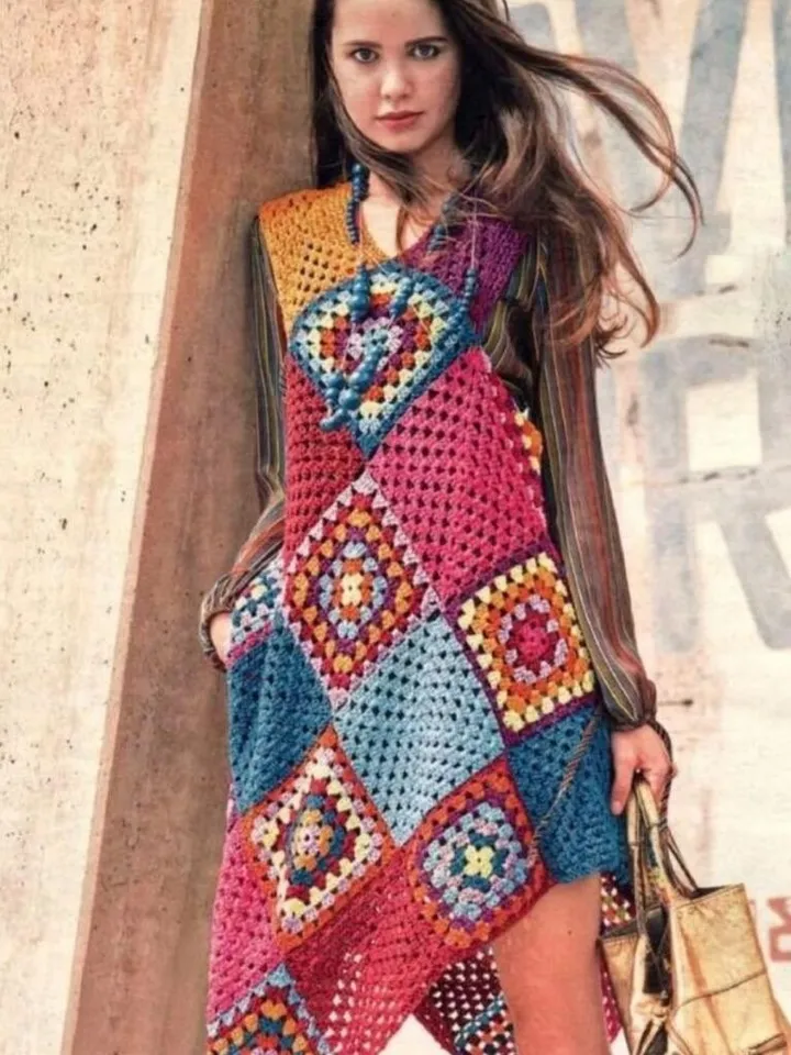Crochet Dress , dress granny squares dress beginner dress pattern, motif squares dress crochet pdf instant download