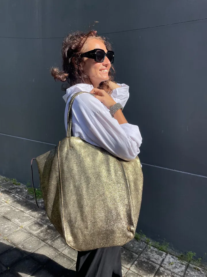 Genuine leather gold tote shopper big bag / everyday purse / handmade bags / designer bags / metallic summer bag / gift for her