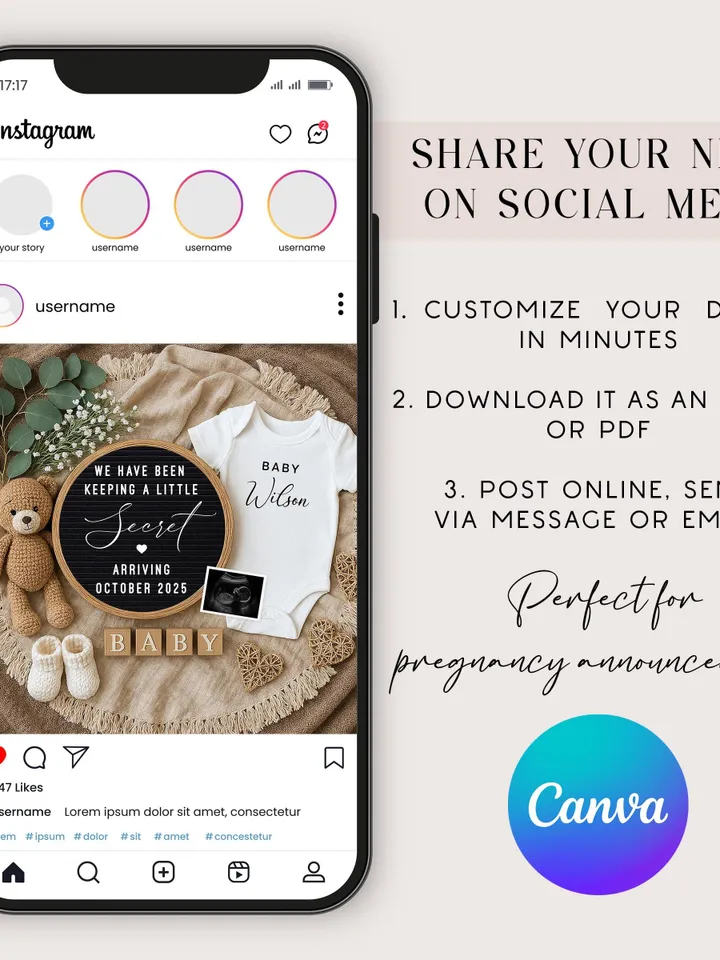 Neutral Pregnancy Announcement Digital Baby Reveal Editable Template Canva for Social Media, Baby Announcement A Little Secret