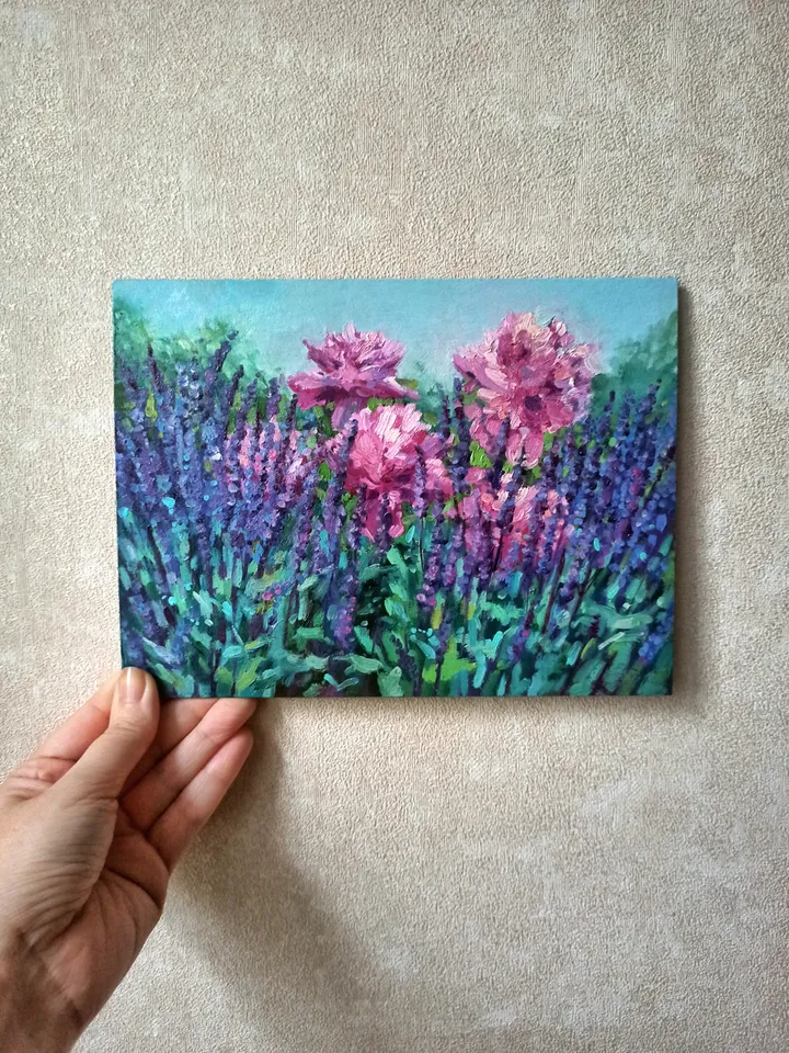 Sage and Peonies, Garden flowers, Original oil painting on art cardboard 18x24cm