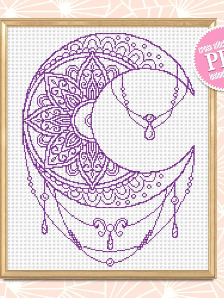Moon mandala cross stitch pattern PDF download Crescent moon cross stitch chart, Simple mandala pattern digital PDF, Moon ornament #M162