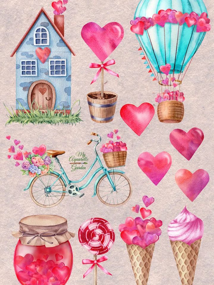 Valentine's decor elements. Watercolor hand-painted (not AI) illustrations. Digital clipart. Sweet love. Hearts, ice cream, lollipop, retro bicycle, hot air balloon. Printable PNG files. Instand download.