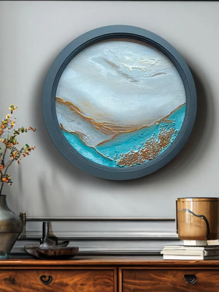 Round painting, Wall decor, round landscape, blue painting