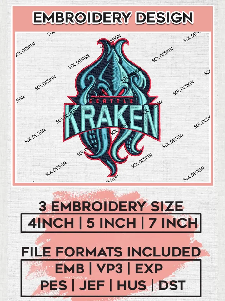 NHL Kraken Mascot Logo Embroidery Designs, NHL Seattle Kraken Team Logo Embroidery, NHL Embroidery Designs, NHL Machine Embroidery Designs, Machine embroidery Files, Digital Download