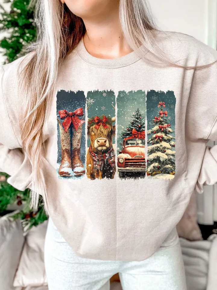 Vintage small town christmas PNG, Cowgirl Png, Small town girl Christmas PNG, highland cow Christmas png, Christmas western png