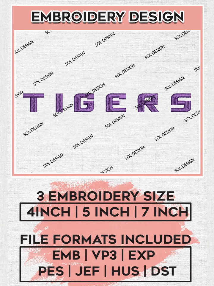 NCAA Tigers Team Wordmark Logo Embroidery Design Files, NCAA LSU Tigers Machine Embroidery, NCAA Teams, 3 sizes, NCAA Machine embroidery designs, Digital Download