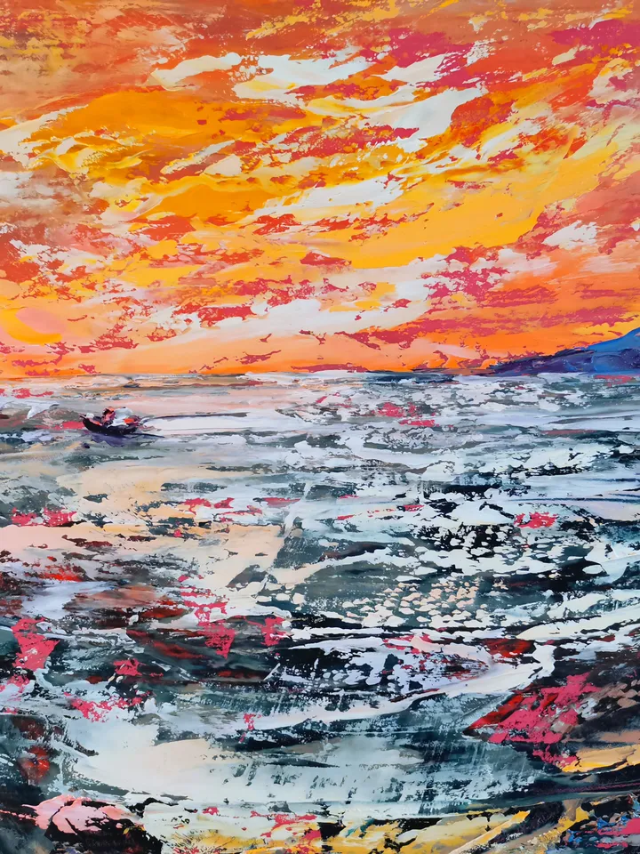 Mountains Sea Ship Bright Sunset Original Art Oil Painting Artist Svinar Oksana