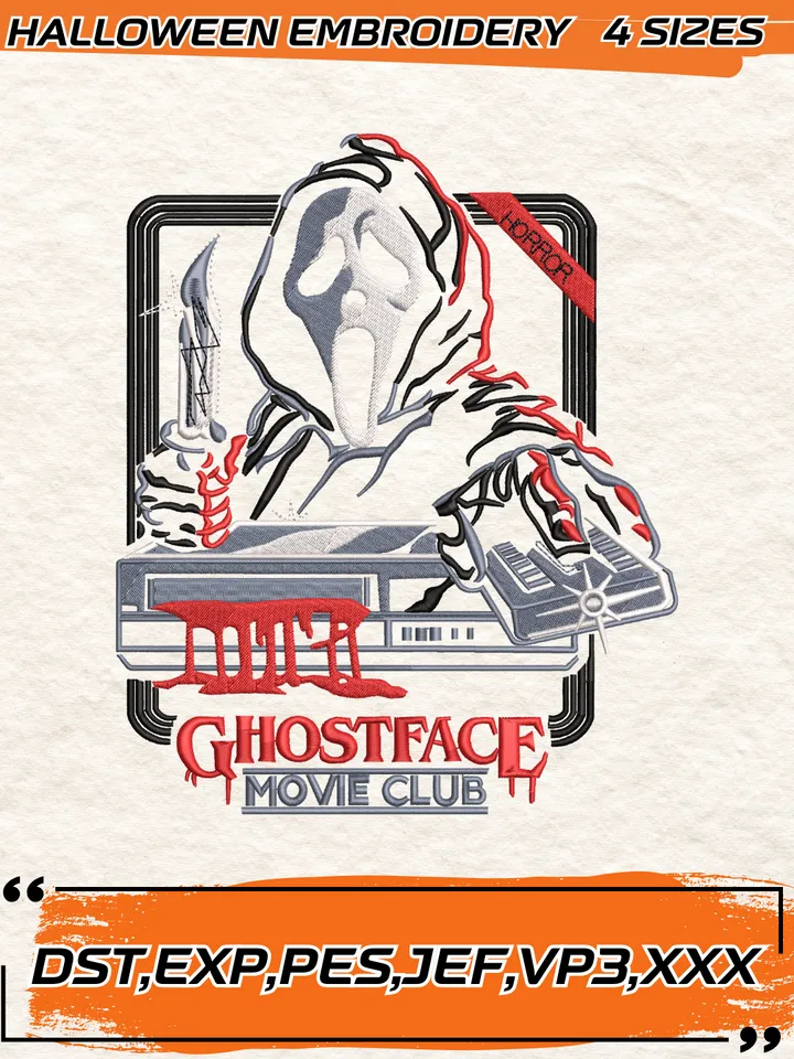 Ghostface Horror Embroidery Design, Halloween Embroidery Machine Design File, 4 Sizes, Digital Download