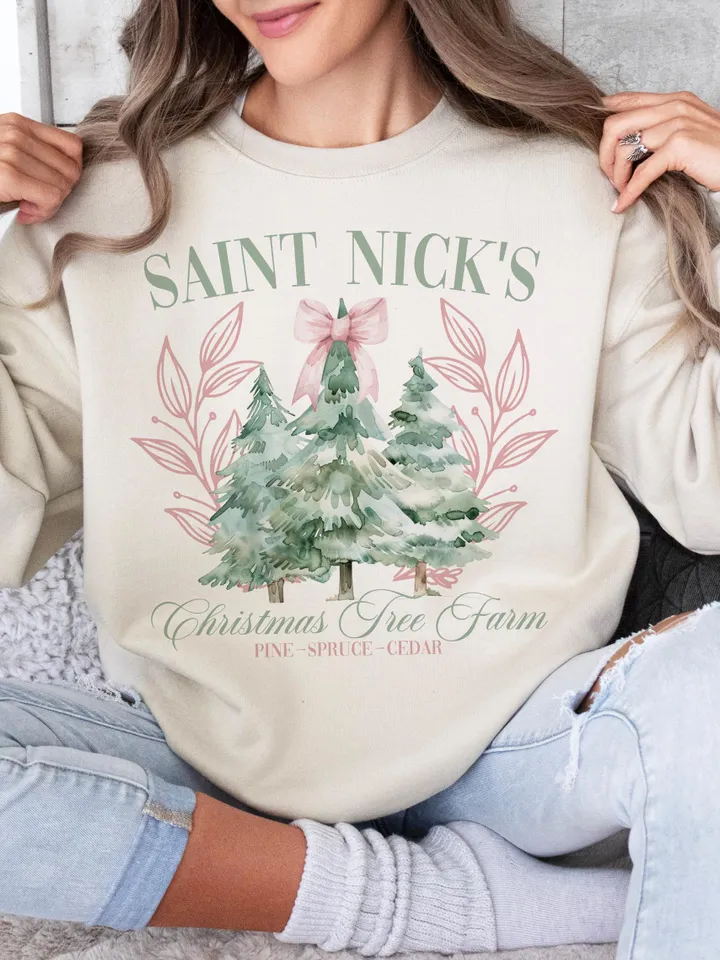 Saint Nick's Christmas Tree Farm PNG Coquette Pink Christmas Png vintage christmas png svg, boho christmas png,trendy Pink Bow png