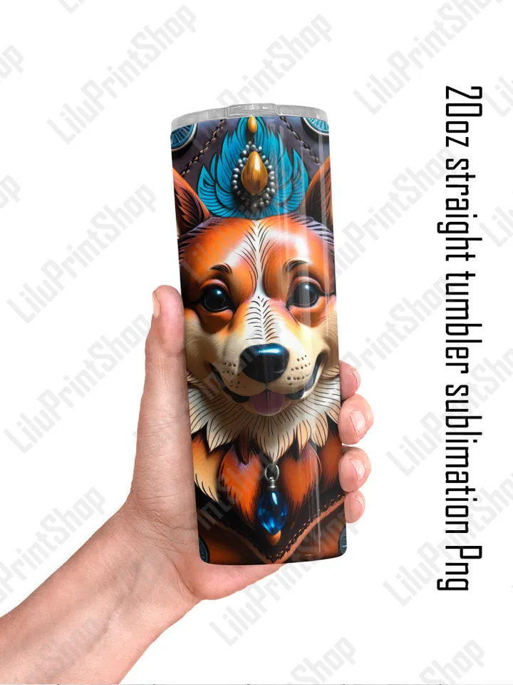 Corgi tumbler sublimation PNG, 3d Dog tumbler wrap , Tooled leather Tumbler designs for 20oz skinny straight tumbler Instant download