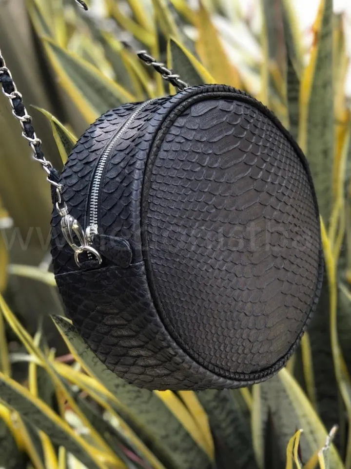 Genuine Python Skin Black Round Crossbody Chain Bag | Round Bags | Exotic Leather Bags | Classy Women Leather Snakeskin Bag | Designer Bag