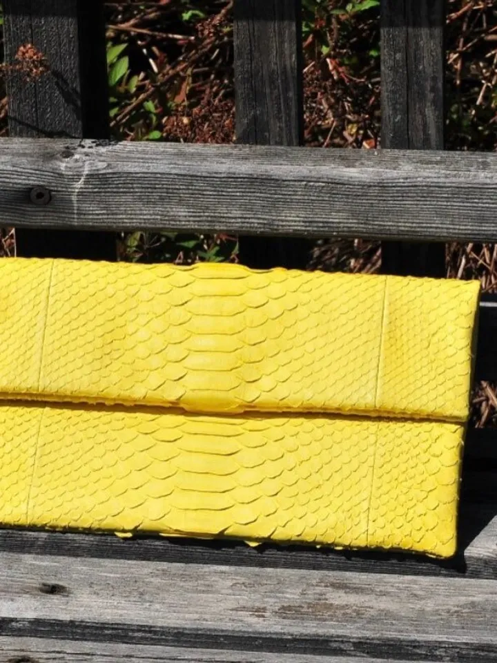 Genuine python skin yellow handmade clutch, classy elegant leather envelope bag, purse free shipping, flat snake leather clutch,small clutch