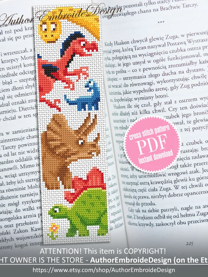 Dinosaur bookmark cross stitch pattern PDF download Baby dinosaur cross stitch chart, Bookmark pattern digital PDF, Dinosaur gifts #B278