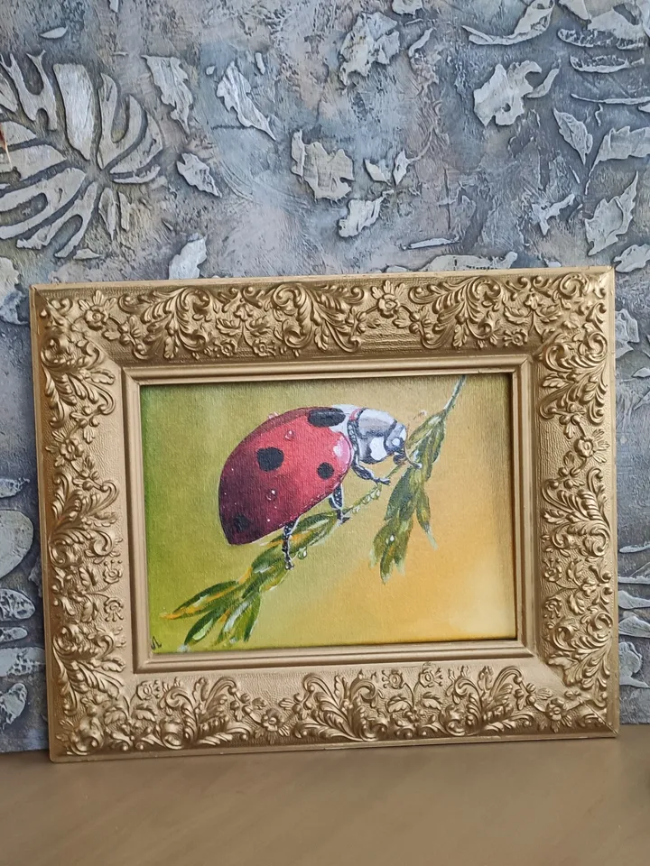 Ladybug on a branch Miniature oil painting realism nature
