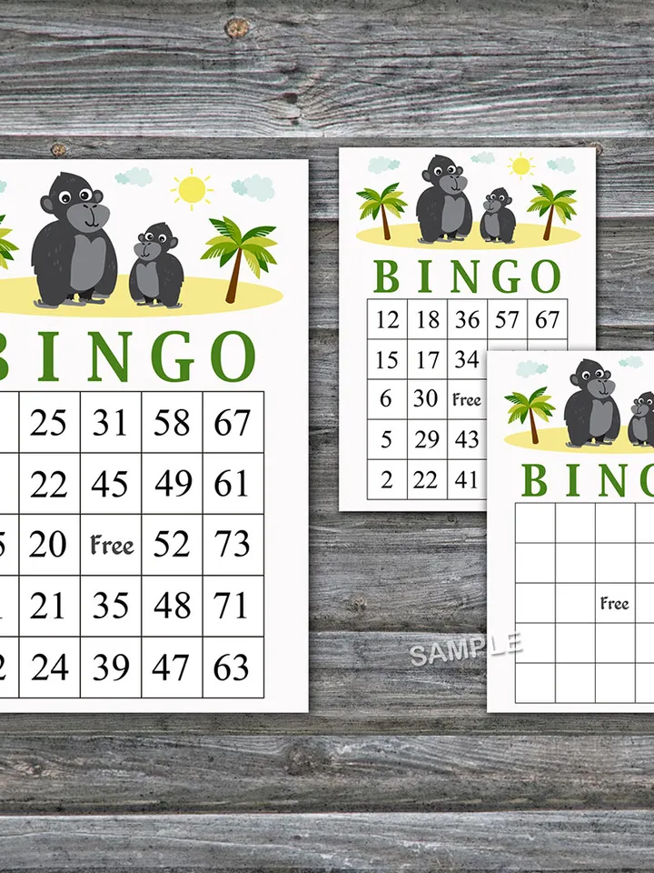 Gorilla bingo cards,Gorilla bingo game,Jungle printable bingo cards,60 Bingo Cards,INSTANT DOWNLOAD--343