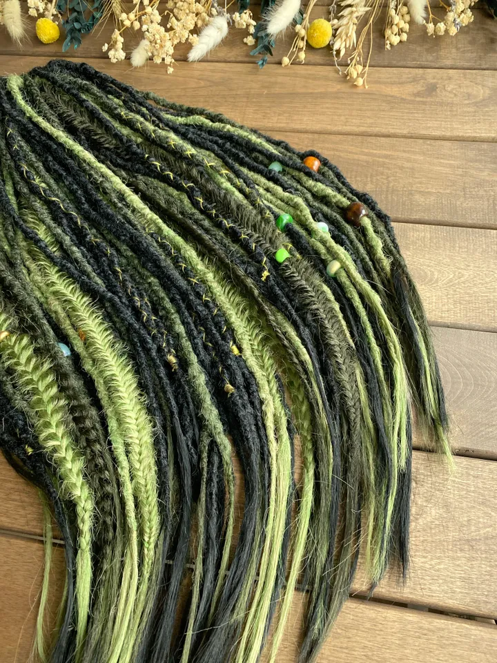 Black and forest green Double Ended Synthetic dreadlocks, ready to ship