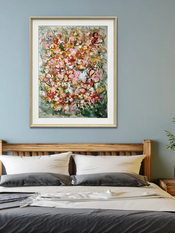 Lost in the meadows,original mix media watercolor and acrylic artwork on watercolor paper, pink floral modern home decoration,handmade gift.