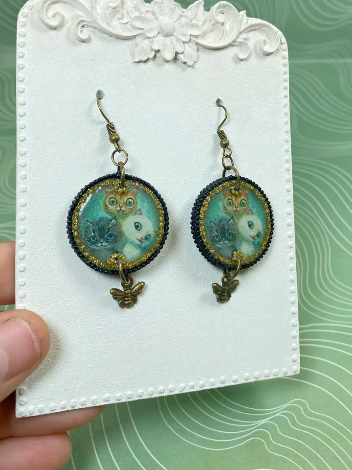 Earrings with cats. UV resin. Handmade.