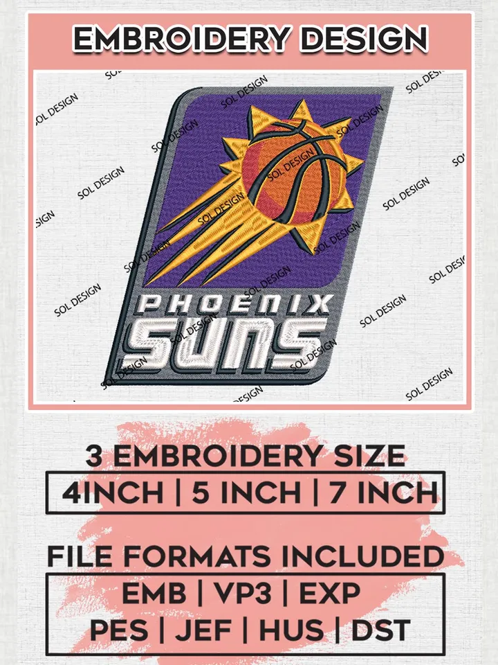 Phoenix Suns Embroidery Designs, NBA Logo Embroidery Files, NBA Suns, Machine Embroidery Pattern, Digital Download