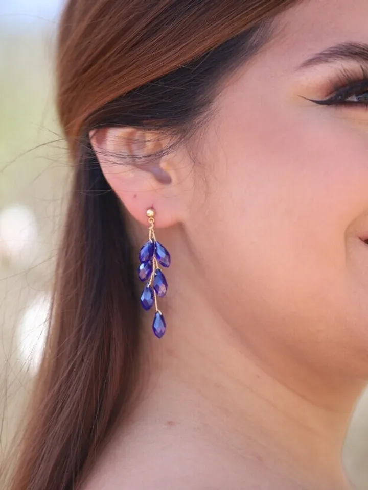 Boho Wedding Earrings, Gold Blue Drop Swarovski Crystal Wedding Earring For Bride, Chandelier Statement Wedding Jewelry Set, Bridesmaid Gift