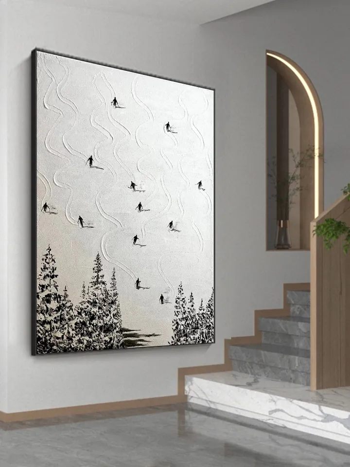 Original Ski Sport Painting on Canvas, Winter Decor, Texture Wall Art, Personalized Gift, Skier on Snowy Mountain Art, White Snow Skiing Art