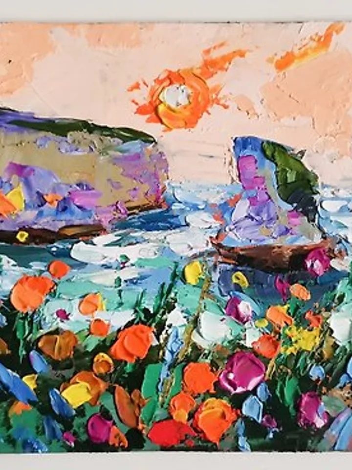 California Poppy Painting Original Art Impasto Oil Painting landscapes Sea