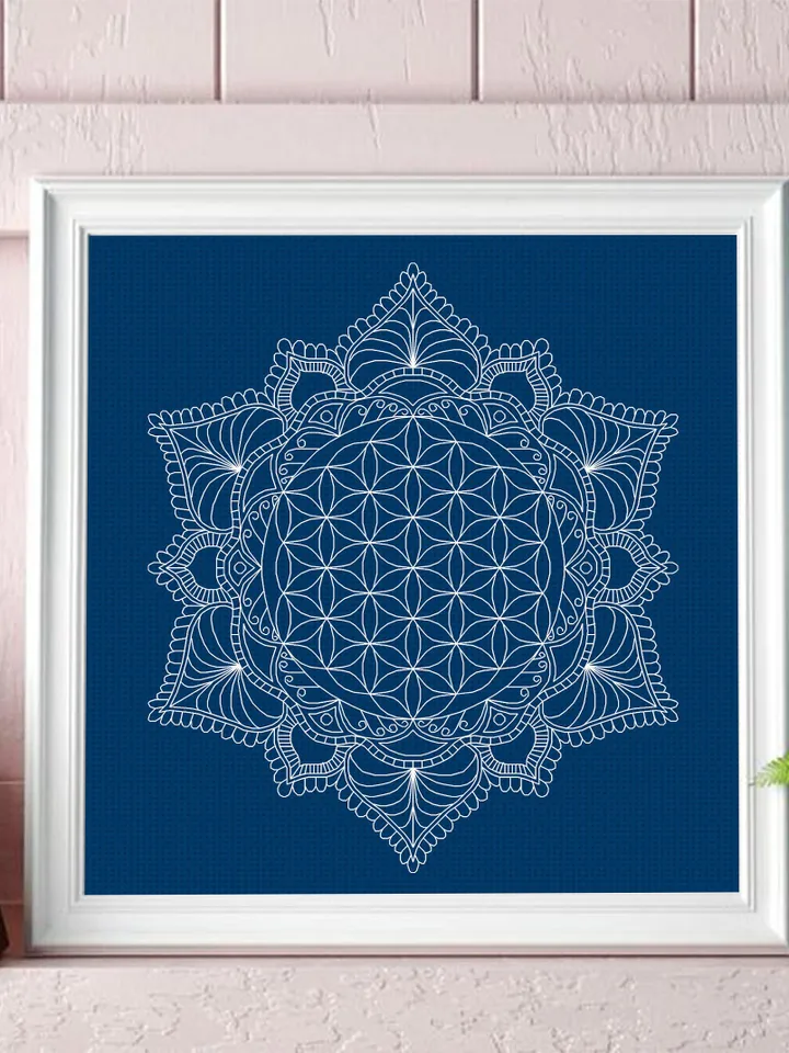 Flower of life mandala blackwork pattern PDF Floral mandala hand embroidery download PDF, Monochrome backstitch chart Mandala ornament #W23