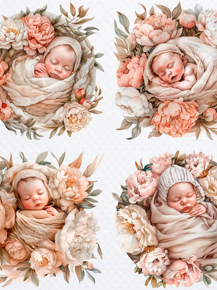 12 Baby in Flowers PNG Bundle, Baby Shower Printable Watercolor clipart for sublimation, High Quality PNG, Digital Paper craft, junk journal