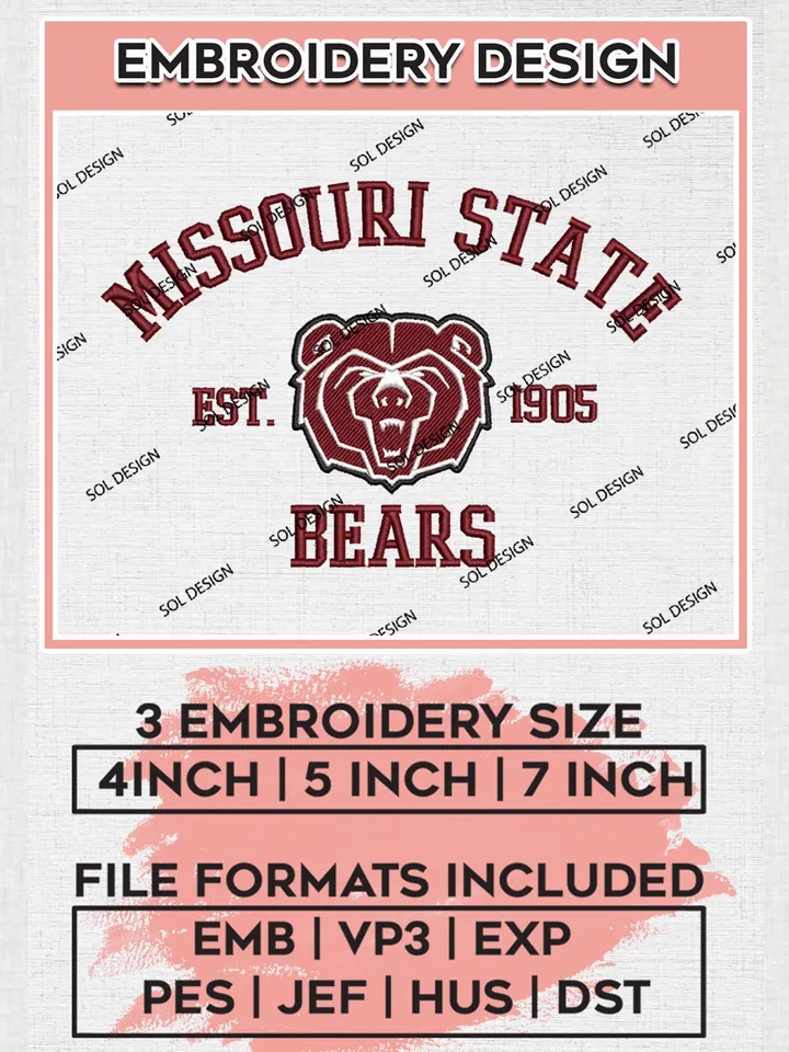 Missouri State Bears Est 1905 Logo Embroidery Designs, NCAA Missouri State Bears Team Embroidery, NCAA Team Logo, 3 sizes, Machine embroidery Files, Digital Download