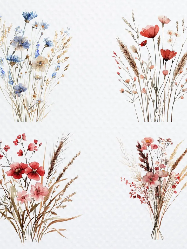 20 Boho Flowers Bouquet PNG Bundle, Minimalistic Flowers Printable Watercolor clipart for sublimation, Wall Art, crafting, junk journals