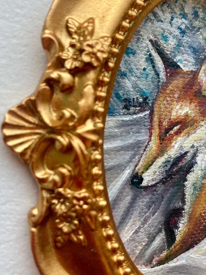 Fox Oil Painting Original In Vintage Style Frame Small Framed Animals Wildlife Art Oval Frame