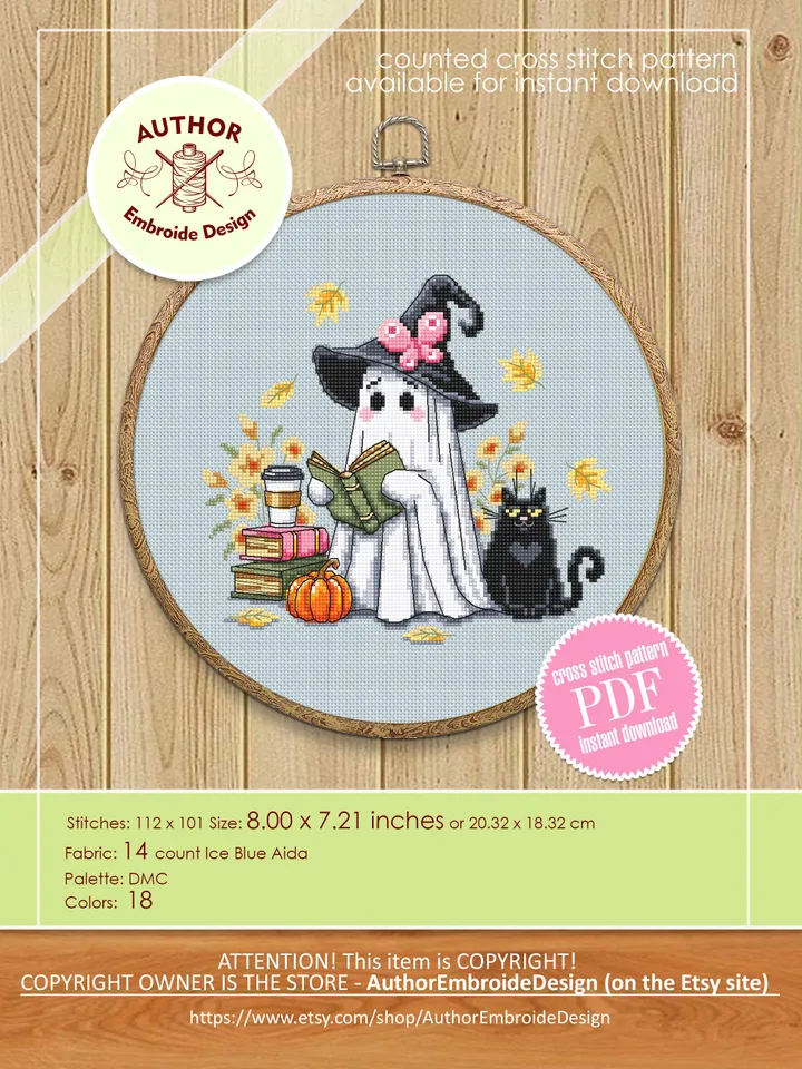 Cute ghost with black cat cross stitch pattern PDF download Set of 3 ghost cross stitch chart Halloween pattern digital PDF Fall leaves #H91