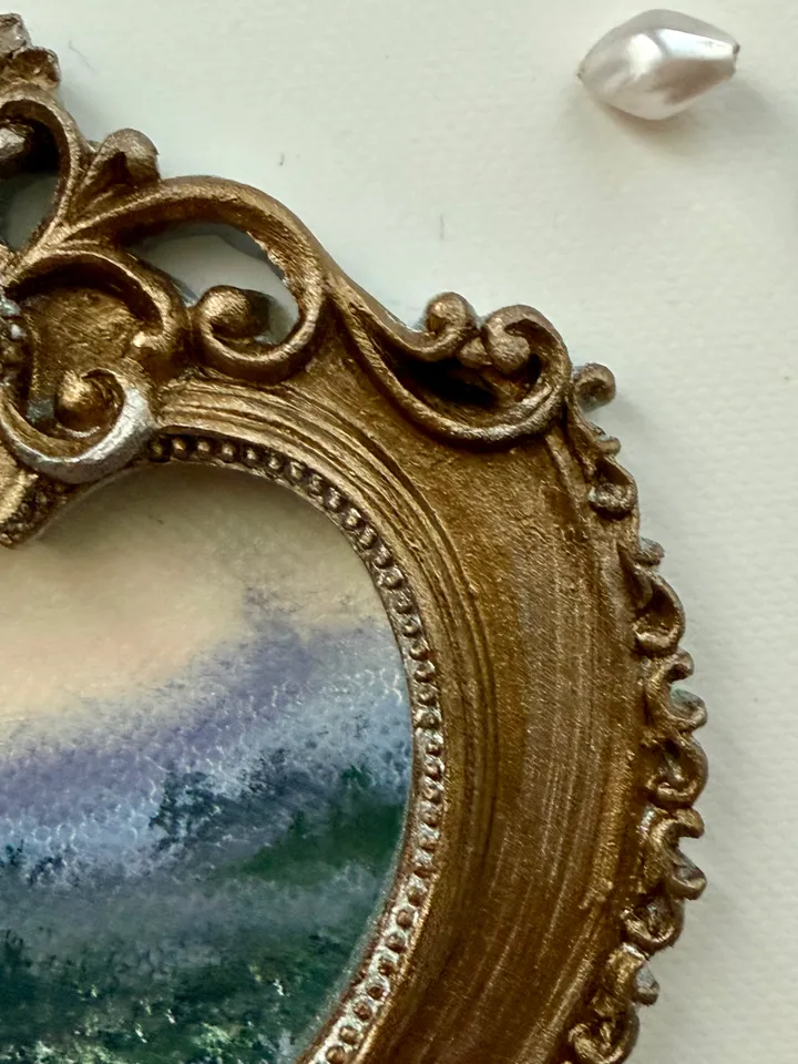 Morning Foggy Field Landscape Painting Original In Vintage Style Frame Small Framed Oval Painting Art