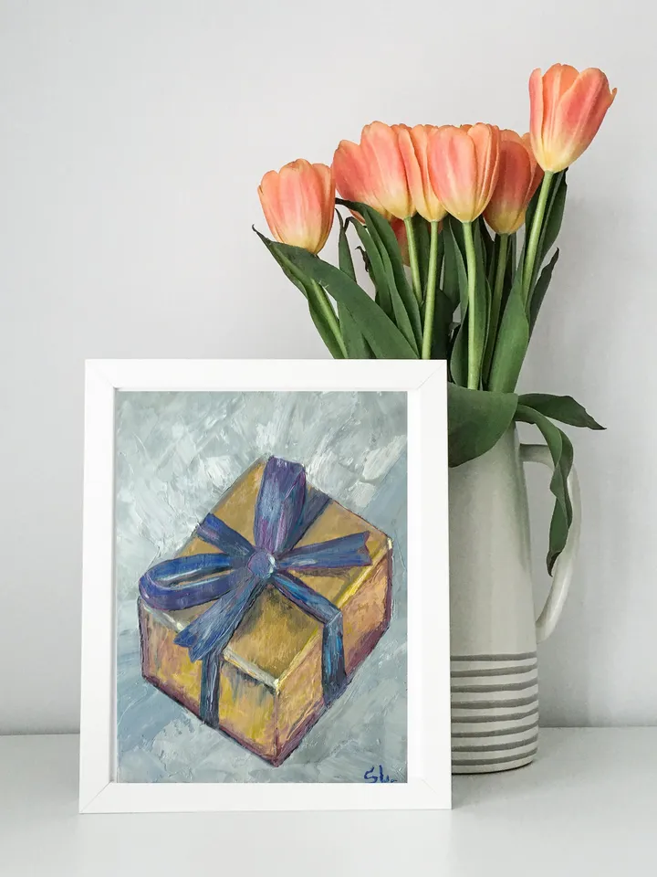 Oil Painting Holiday Gift Box with Blue Bow Original Art Cardboard 10x7 Inch