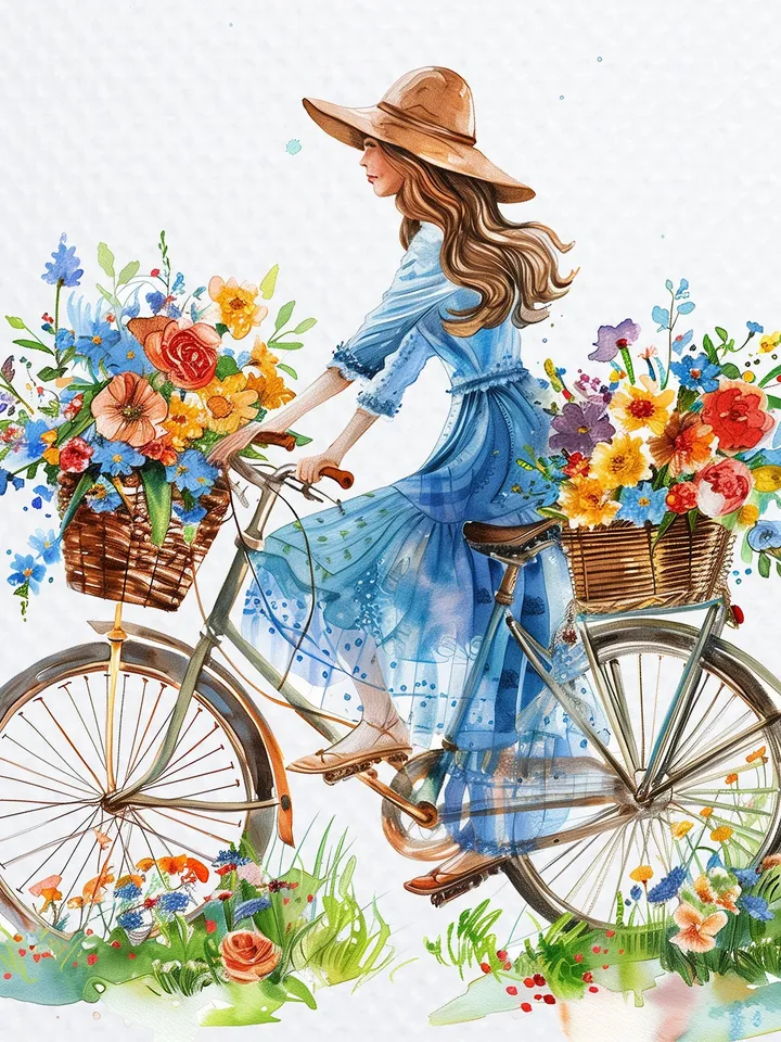 12 PNG Woman on Bicycle Clipart Bundle, Printable Watercolor Floral Bicycle images for sublimation, Digital Paper craft, junk journals