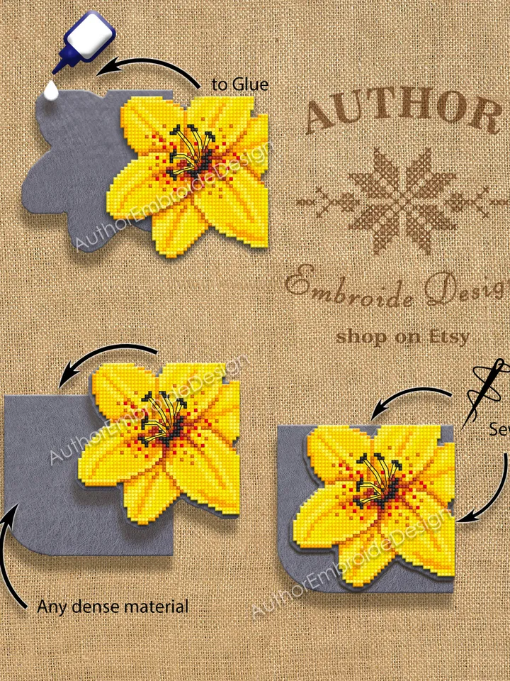 Corner bookmark cross stitch pattern PDF download Yellow lily cross stitch chart, Flower bookmark pattern digital PDF, Book lover gift #B316