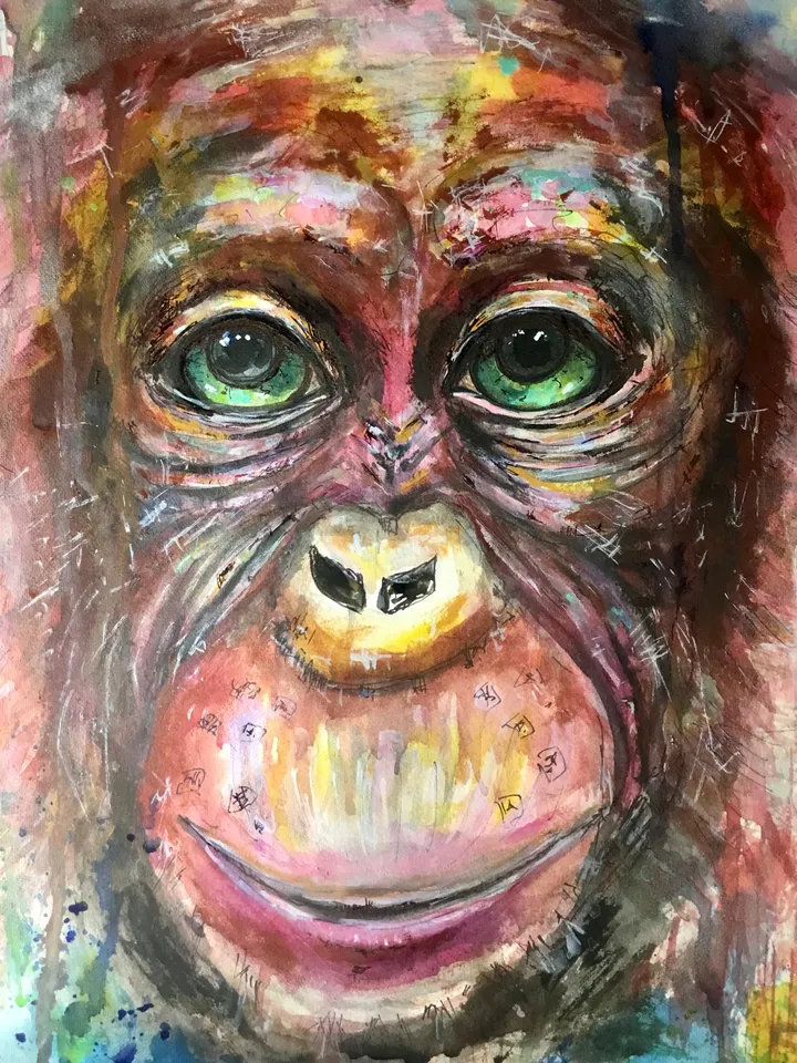 Funny Monkey original painting,watercolour mix media fantasy painting ,chimpanzee painting,animals original artwork,monkey wall art