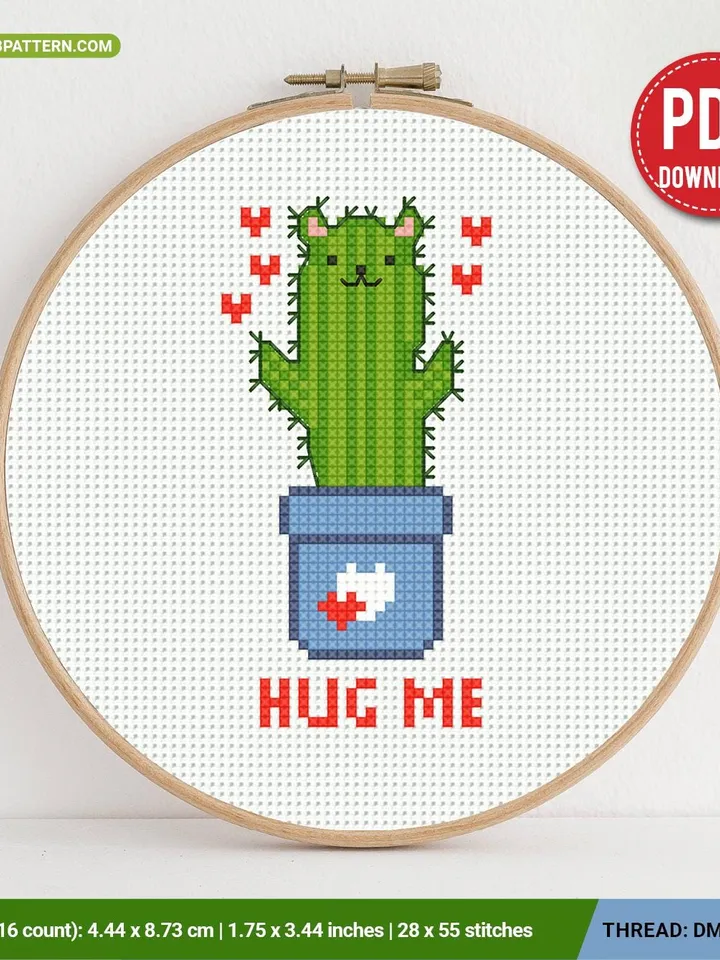 Hug me Meme Cactus Cross stitch patterns, contemporary humor, Abstract, beginner counted, digital PDF, gift DIY, embroidery, instant PDF