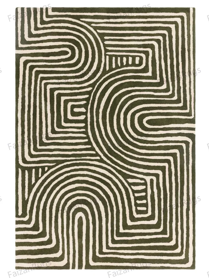 Abstract Swirl Dark Green And Ochre Hand Tufted Rugs 100% Wool For Living Room, Bed Room, Kids Room In Any Size 9x12,8x10,6x9,5x8,3x5
